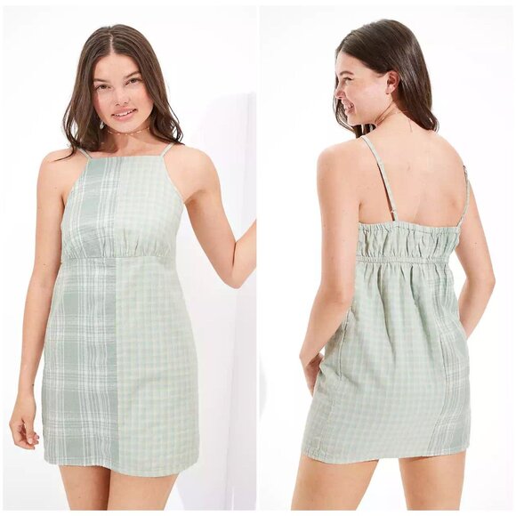 American Eagle Small S Green Plaid Cotton Linen Halter Sheath Mini Sun Dress - Picture 1 of 5